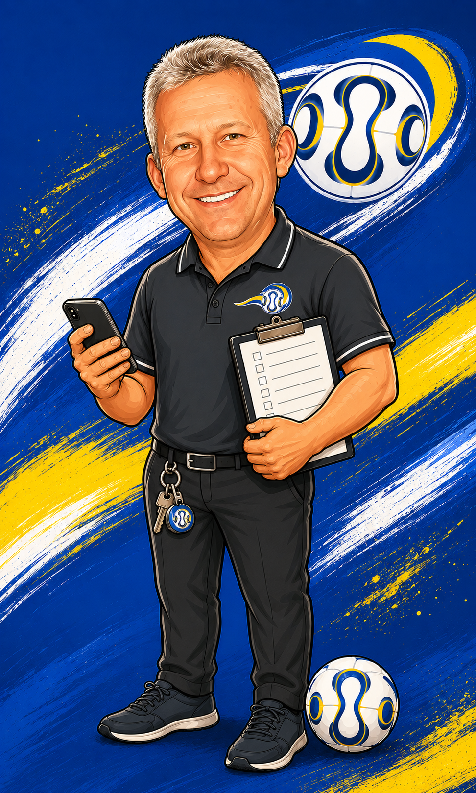 Caricature of Peninsula Strikers President Adrian Scialpi in club colours, holding his phone and clipboard